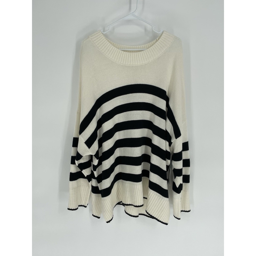 NWT Sonoma Womens 3X Sweater Ivory Black Striped Side Slit Crewneck Pullover - Picture 3 of 14